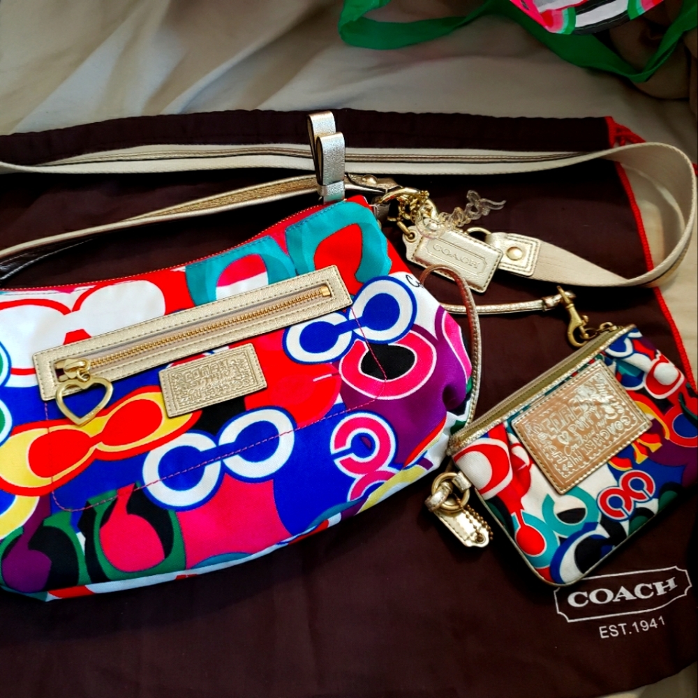 Coach poppy small multi color purse with matching wallet